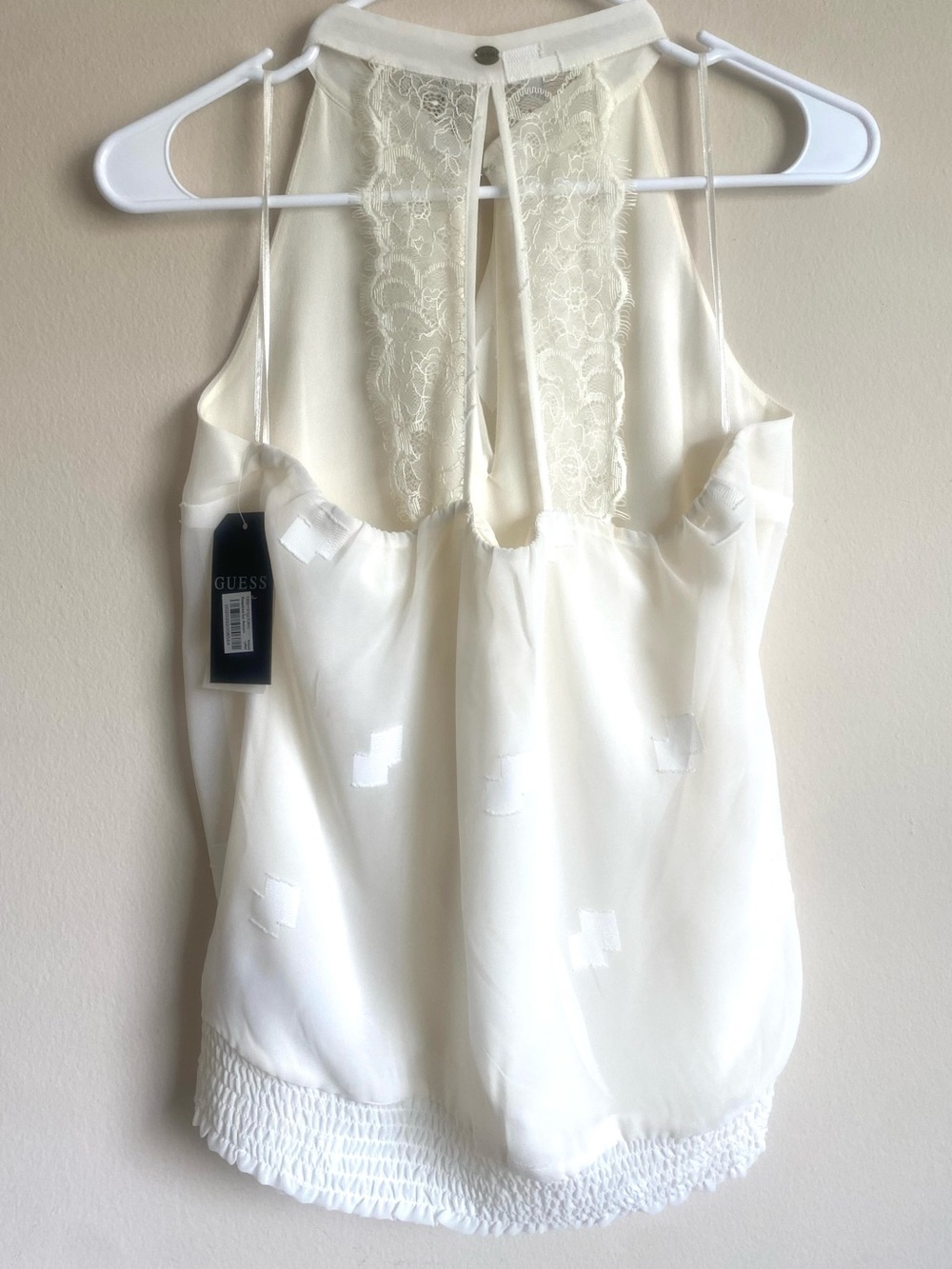 NWT Guess Ivory Lace Back Halter Blouse Sleeveless Smocked Hem Top M - Picture 2 of 9